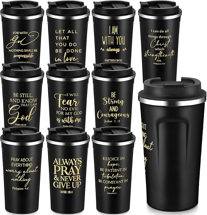 Meanplan 10 Set Fathers Day Christian Gift Bible Verse Tumbler 17oz Coffee Cup Religious Gifts Bulk Christian Tumblers for Men Church Member Sunday School Teacher Gifts Cna Week (Black, Bible Theme)
