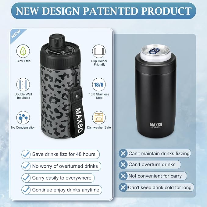 MAXSO Sealed Can Cooler Fizz Lid Can Cover for 12 oz Regular, Slim Skinny Cans & As Thermal Bottle, 4-in-1 Insulated Vacuum Stainless Steel Carbonated Cold Drink Holder - Black Leopard