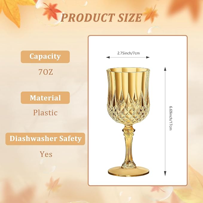 7OZ Plastic Wine Glasses, Reusable Vintage Goblets Unbreakable Drinking Glasses Crystal Water Cups Champagne for Wedding, Parties (24, Gold)