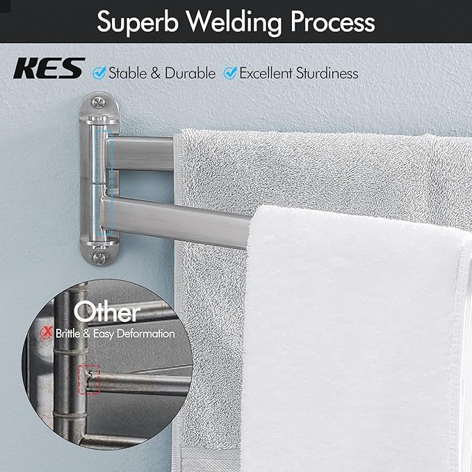 KES Bathroom Towel Rack, 15.5-Inch Swivel Towel Rack 2-Arm, Swing Out Double Towel Bar Wall Mounted, SUS304 Stainless Steel Brushed Finish, A2104S2L40-2