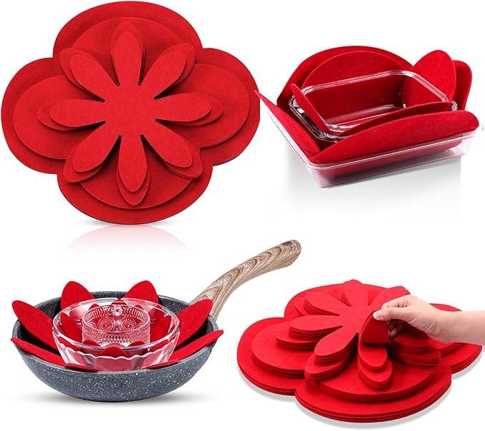 Queekay 36 Pcs Felt Pot Pan Protectors Dish Dividers Separators Bakeware Cookware Scratch Protectors Different Sizes, Thicker Pan Pads for Stacking Cookware Organizing Protecting(Red)