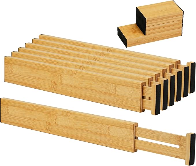 EcoFives Adjustable Bamboo Drawer Dividers with Inserts, Expandable Spring-Loaded Drawer Organizer for Kitchen, Clothes, Tools, Silverware, Bamboo Organizer Separators - 6 Large Pieces