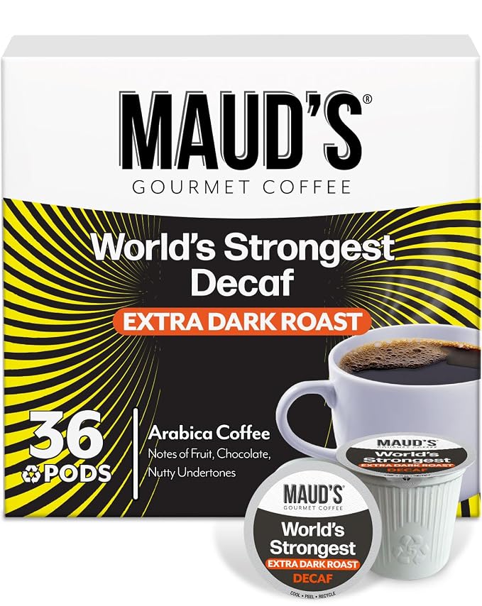 Maud's World's Strongest Decaf Dark Roast Coffee Pods, 36 ct, Decaffeinated Dark Roast Coffee in Single Serve Pods – 100% Arabica Coffee, Compatible with Keurig K Cups Maker