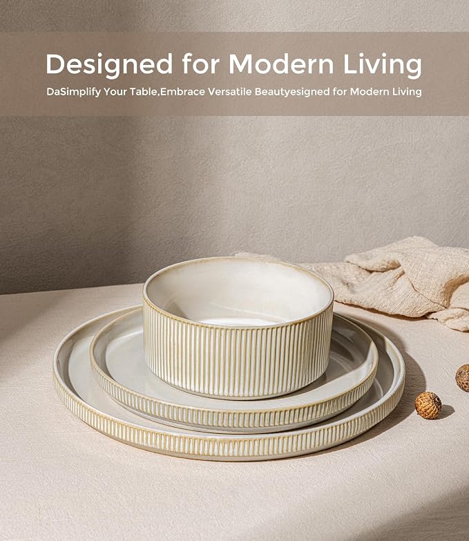 GBHOME 18-Piece Stoneware Dinnerware Set for 6 – Ribbed Ceramic Plates and Bowls, Scratch-Resistant, Microwave & Dishwasher Safe, Reactive Glaze, Oatmeal Veil
