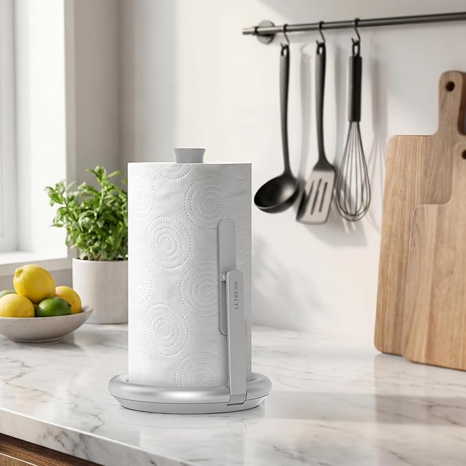 Ultrean Paper Towel Holder Countertop, Freestanding Paper Towel Dispenser with Spring-Loaded Arm for One-Handed Tear, Weighted Non-Slip Base, Stainless Steel for Kitchen