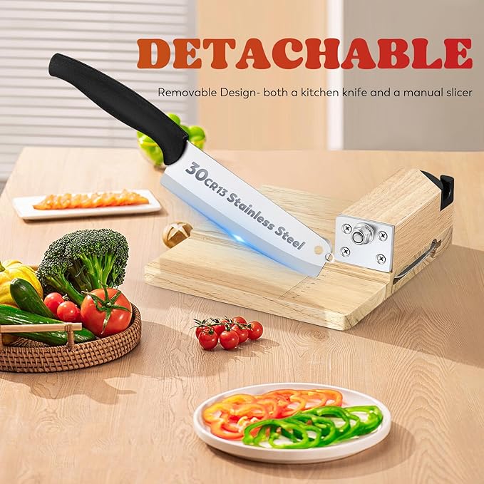 Moongiantgo Biltong Slicer Jerky Slicer Cutter with Built-in Knife Sharpener Detachable Knife Rubber Wood Base for Beef Jerky Deli Delicatessen Bacon Hard Fruits Vegetables Herb Ginseng Pastry