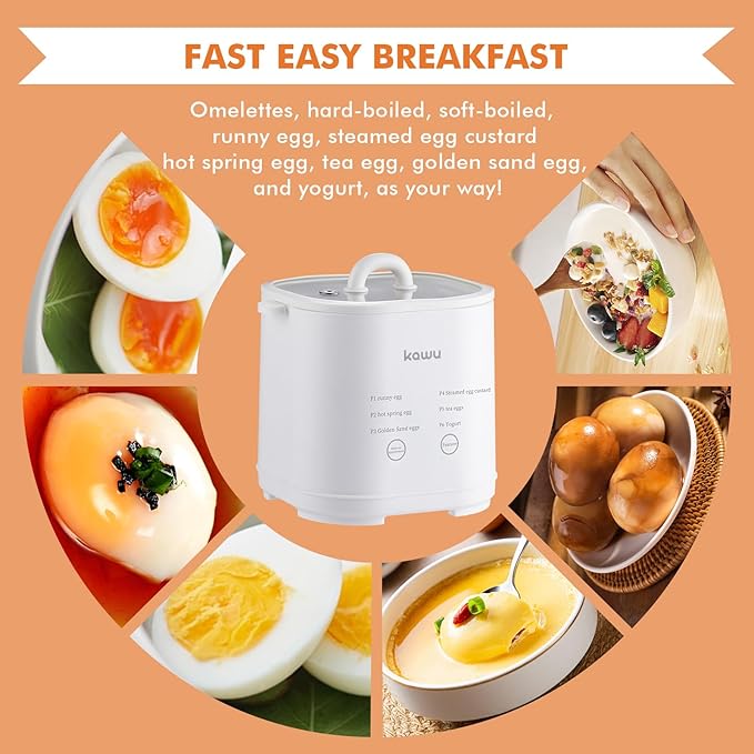 Kawu Egg Cooker, 6-in-1 Electric Rapid Egg Poacher for Hard Boiled Eggs, Yogurt, Custard, 12H Delay Start & Auto Off, Portable Breakfast Maker with Stainless Steel Bowl, 4 Eggs