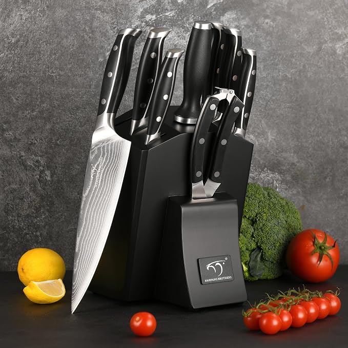 Damascus Kitchen Knife Set with Block, 9-Piece 67-Layer VG10 Damascus Steel Knife Set with Triple-Rivet Handles, Chef, Santoku, Utility, Bread & Paring Knives, Sharpener, Shears, Black