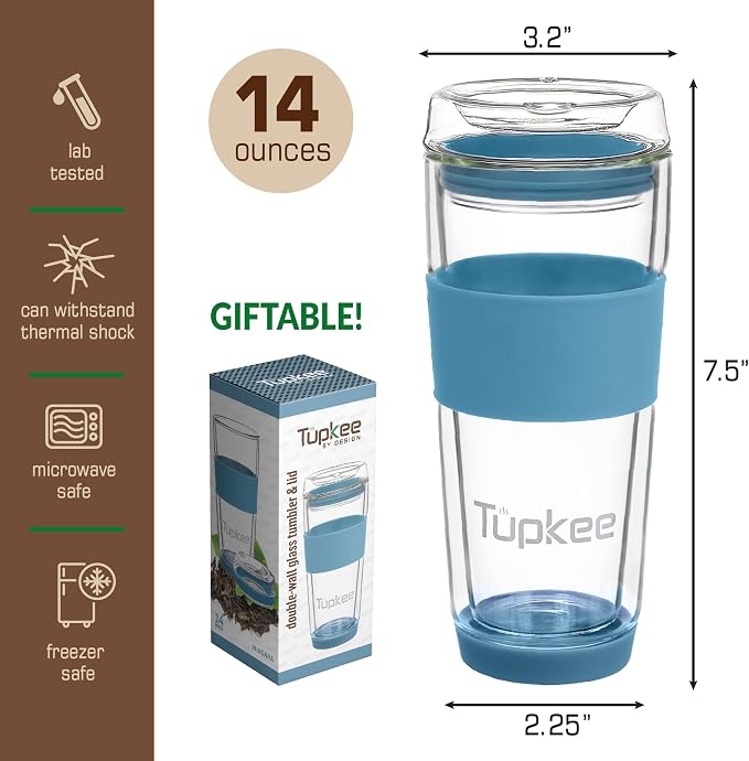 Double Wall Glass Tumbler - 14-Ounce, All Glass Reusable Insulated Tea/Coffee Mug & Lid, Hand Blown Travel Mug - Niagara