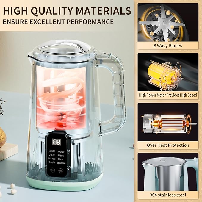 Nut Milk Maker Machine, 28oz Automatic 8-in-1 Quiet Operation Soy Milk Maker, Homemade Almond, Coconut, Juice & Soup, Delay Start/Keep Warm/Self-Cleaning/Boil Water (Cyan)