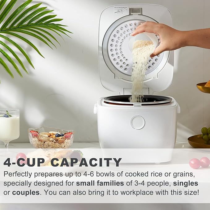 Digital Mini Rice Cooker 4 Cups Uncooked, 2L Rice Cooker Small, Portable Rice Cooker Small for 3-4 People, Travel Rice Cooker, Multi-cooker with 8 Smart Programs, 400W, White