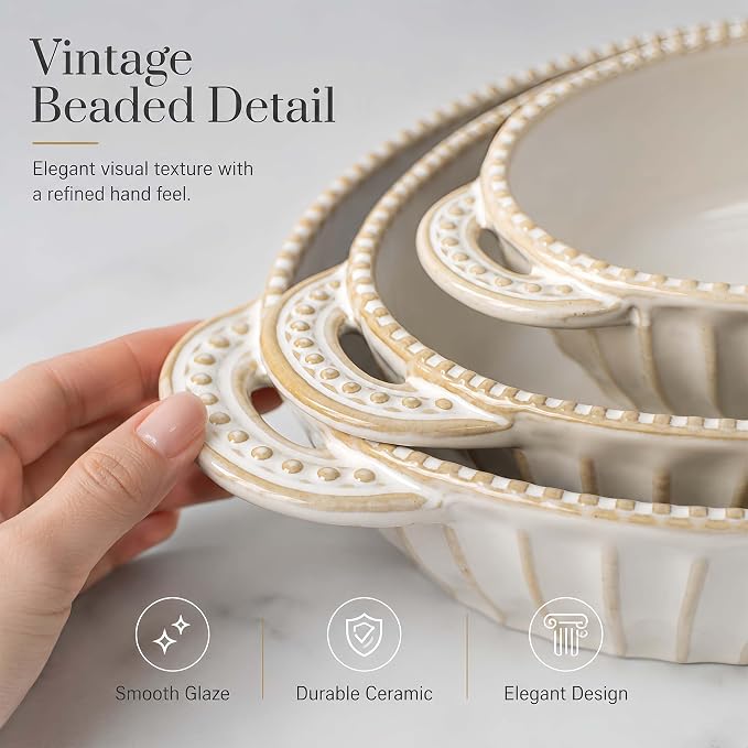 Casserole Dish for Oven, Ceramic Baking Dishes Set, Oval Hobnail Bakeware Set of 3, 9.25"/12.28"/14.37" Baking Dishes with Handle, Deep Lasagna Pan for Roasting, Holiday Dinner, Wedding Gifts, Arctic White