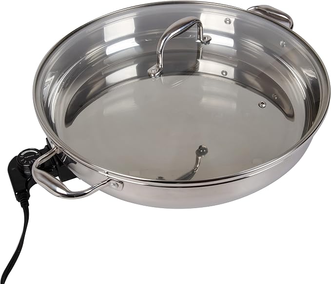 CucinaPro XL Electric 16" Skillet, 18/10 Stainless Steel Pan with Lid | Round with Adjustable Temperature Control Probe, Tempered Glass Lid & Handle, Portable, Durable Cookware Large Family Meal