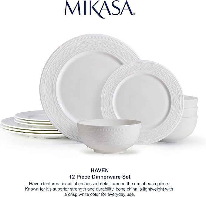 Mikasa Haven Bone China Lightweight Chip Resistant 12 Piece Dinnerware Set, Service for 4 White