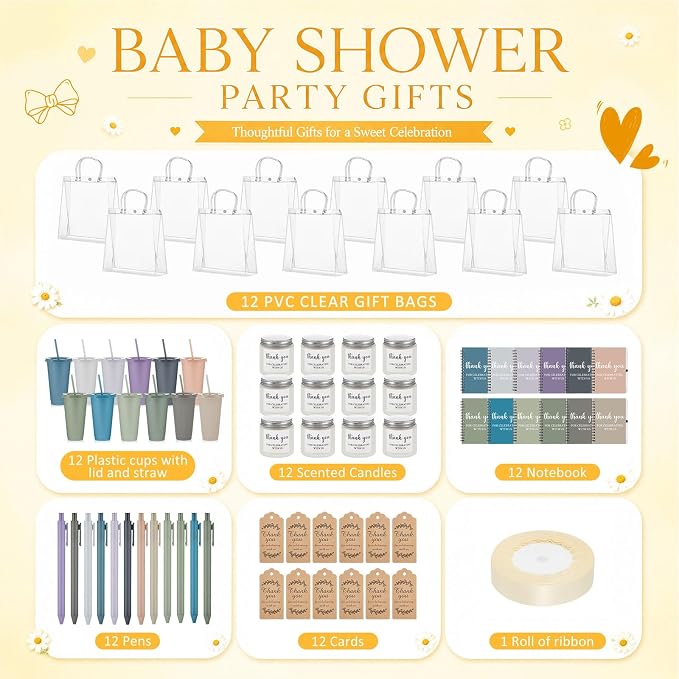 Nuogo 12 Sets New Parent Shower Prizes for Player Winners Adult, Wedding Bridal Shower Gift, Plastic Tumbler Notebook Scented Candle Ballpoint Pen Bag (Light Morandi Color,Classic Style)