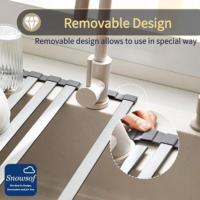 Wide Dish Drying Rack, Silicone Wrapped Over Sink, Multipurpose Foldable Sink Dish Drainer Mat, Stainless Steel, Anti-Slip & Anti-Rust Dish Rack for Kitchen (Dark Gray,14.9X13.4inch & 38X34cm)