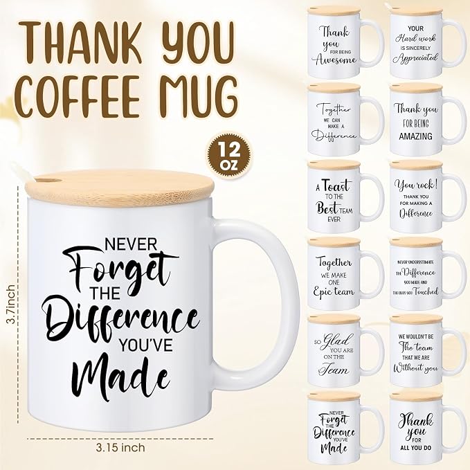 12 Pcs Thank You Coffee Mugs Gifts Bulk Employee Appreciation Gifts Cups 12oz Motivational Ceramic Mugs with Lid Spoon for Team Coworker Volunteer Office