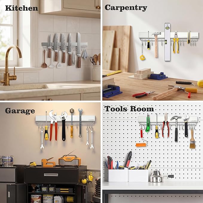 17 Inch Magnetic Knife Holder for Wall - Magnetic Knife Strip with Strong Magnets, Stainless Steel Magnetic Knife Bar with 10 Hooks/Adhesive Tape/Screws, Wall Mounted Knife Storage for Kitchen