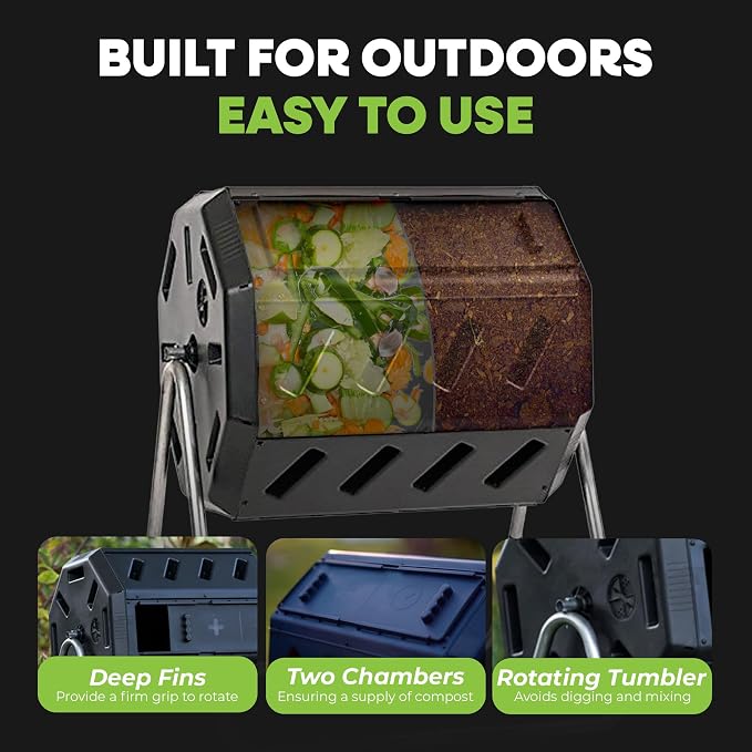 FCMP Outdoor Heavy Duty 37 Gallon 8 Sided Steel Portable Plastic Dual Chamber Tumbling Composter Outdoor Elevated Rotating Garden Compost Bin, Black | 8 Sided Portable Plastic Outdoor Elevated Rotating Garden Compost Bin, Black