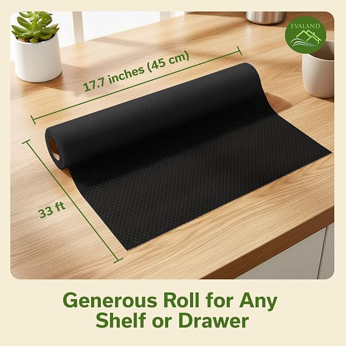 EVALAND Shelf Liners for Kitchen Cabinets Non-Adhesive 17.7" x 33 FT Black Drawer Liner Non Slip, Washable Cabinet Liner, Waterproof Shelf Liners for Cabinets, Refrigerator Bathroom Pantry - Thickened
