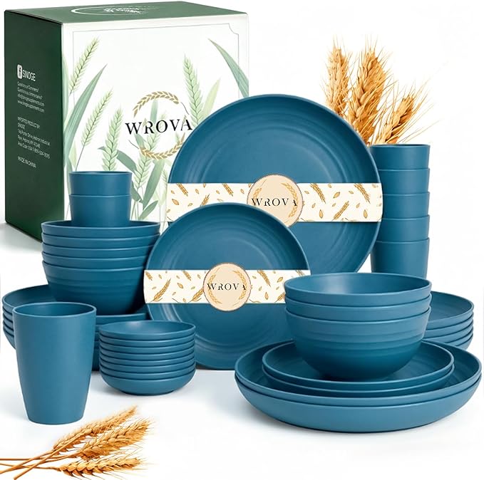 Wrova Kitchen Plates and Bowls Set Service for 8, 40-Piece Wheat Straw Dinnerware Sets Unbreakable Dinner/Salad Plates/Cereal Bowls/Sauce Cups/Cups Set, Dishwasher Safe Daily Living Dinnerware- Blue