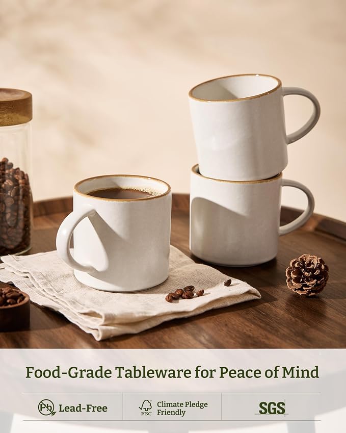 famiware Coffee Mugs Set of 6 Nebula 14oz Coffee Mugs, Ceramic Cup Set with Handle for Latte, Tea, Milk, Cappuccino, Cocoa, Matte Beige White with Brown Rim