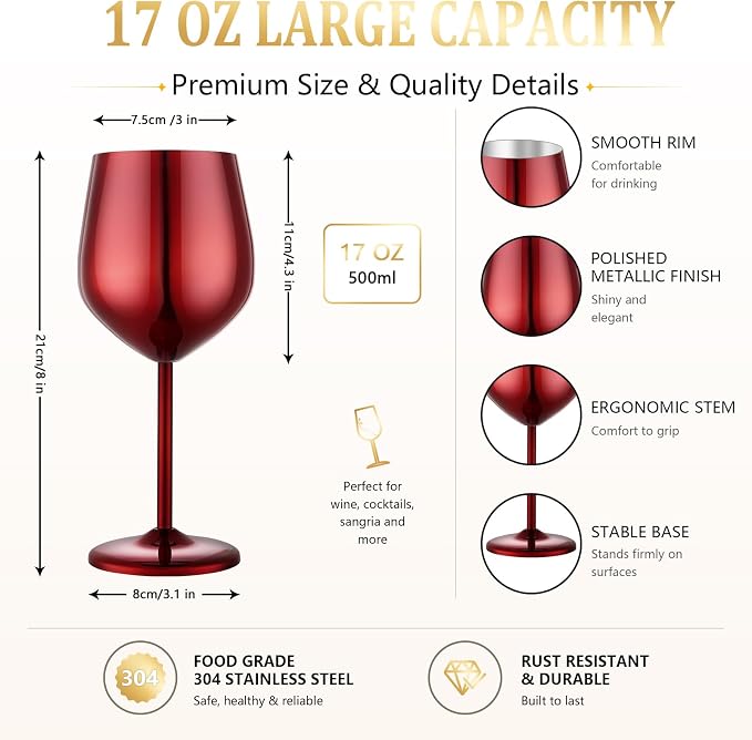 UNISWEET Stainless Steel Wine Glasses Set of 4 Unbreakable Wine Glass 18 oz Unique Metal Wine Goblets for Outdoor, Travel, Camping, Pool, Ideal Gift for Wine Lovers (Mirror-Red)