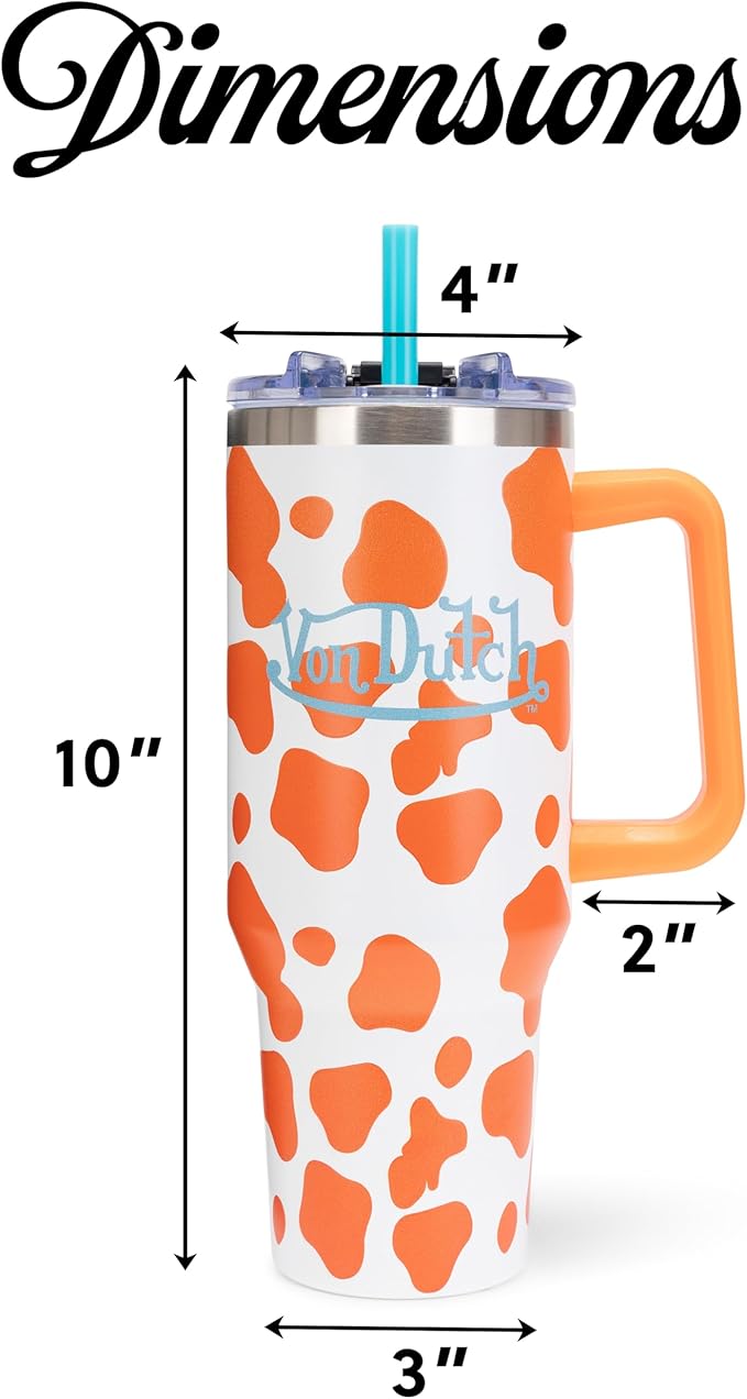 Von Dutch Orange Cow 40oz Double Walled Insulated Food Grade Stainless Steel Tumbler, BPA Free - 24 Hours Cold / 10 Hours Hot