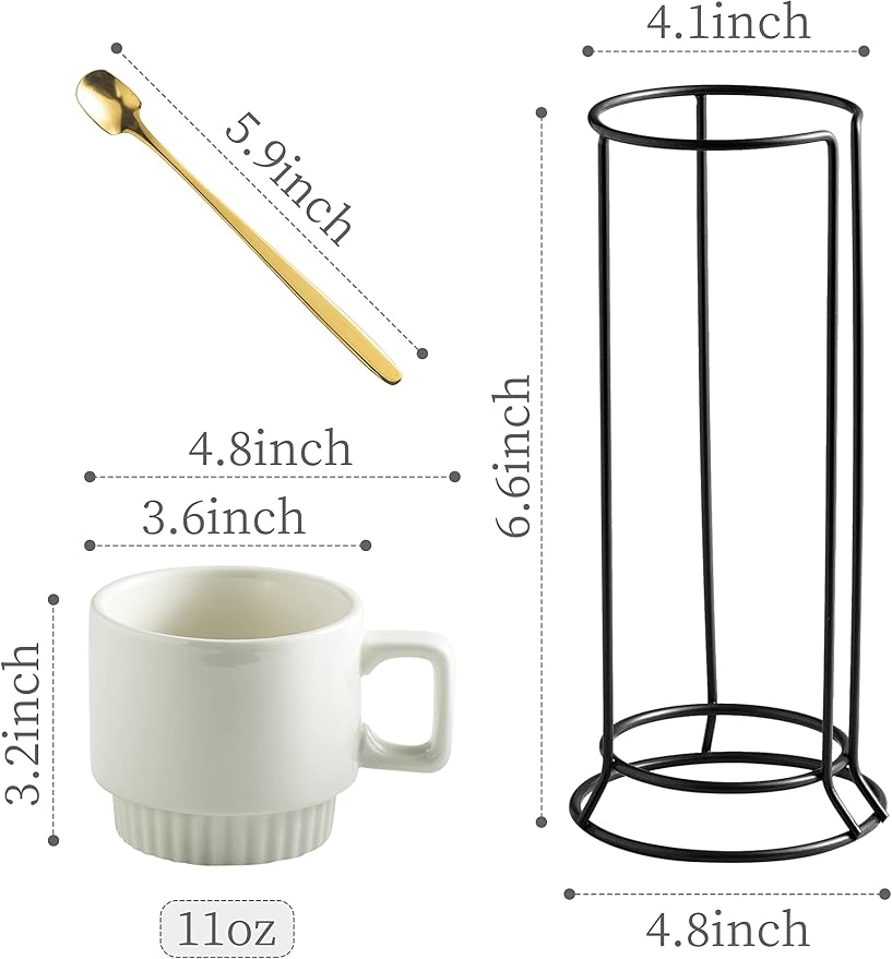 Miamolo Coffee Mugs Set of 4, Stackable Coffee Cups with Stand and Spoons | 11oz, Ceramic | for Espresso Cappuccino Latte Tea Drinks | Dishwasher & Microwave Safe | Housewarming Gift | White