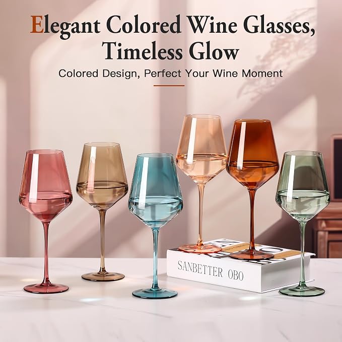 Colored Wine Glasses Set of 6, Handblown Colored Wine Glasse,Coloful Glassware,17OZ for Red or White Wine,Wedding Gift, Anniversary, Christmas, Birthday Wine Glass,Mothers Day Gifts,Gifts for My Wife
