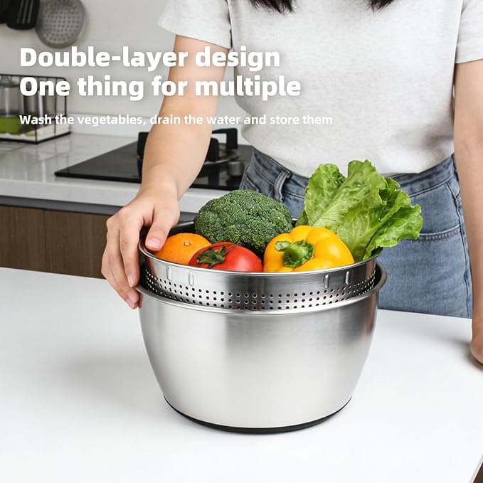 6L Stainless Steel Salad Spinner with Bonus Tong – Large Vegetable Spinner, Fruit Washer & Lettuce Dryer, Dishwasher‑Safe Stainless Salad Spinner with Strainer Bowl for Greens, Pasta & Small Fruits