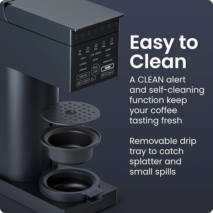 Chefman Caffeinator Single Serve Coffee Maker, Brew Kcups & Grounds, Drip Coffee Machine with Brew Strength Settings, Iced Coffee Function, 45 oz. Removable Water Reservoir
