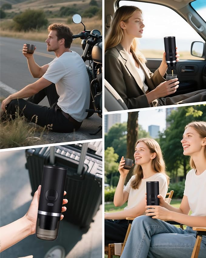 Portable Travel Espresso Maker, 20-Bar Camping Espresso Coffee Machine for Travel Car, Electric Self-Heating with USB Battery Operated,Rechargable,Ground Coffee& Capsule Compatible,80 ml Cup,Black