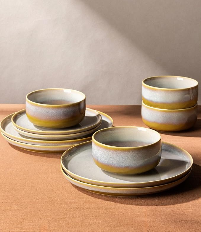 TheTerra Ceramic Dinnerware Sets for 8, 24 Pieces Handmade Reactive Glaze Plates and Bowls Set, Scratch Resistant Dish Set, Oven & Microwave & Dishwasher Safe, Autumn Haze