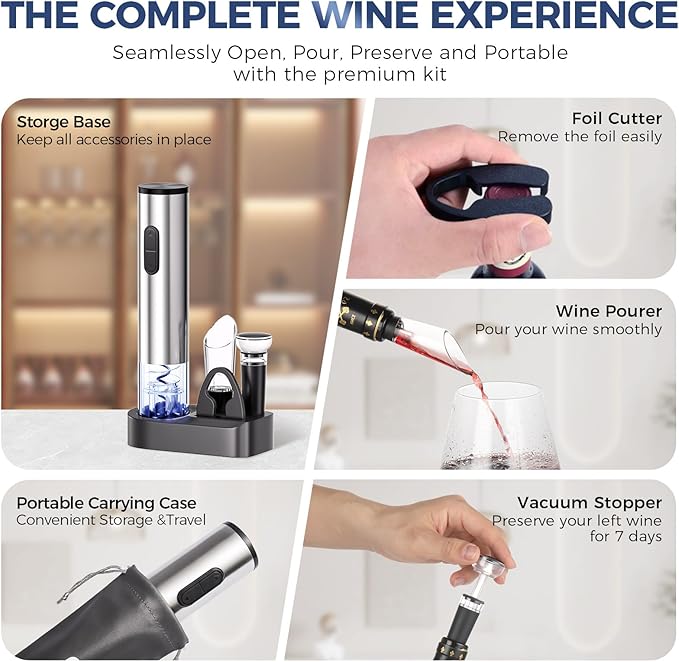 6-in-1 Electric Wine Opener, Battery Operated Automatic Wine Opener with Foil Cutter, Aerator, Vacuum Stopper & Base, One-Touch Operation, Stainless Steel, Sliver, Perfect for Home Bar, Gifts, Outdoor