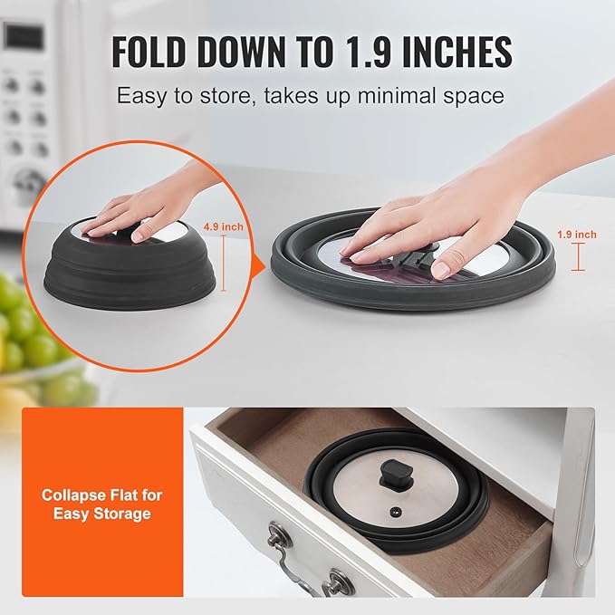VEVOR Microwave Splatter Cover & Mat, 10.8" Collapsible Microwave Lid for Food, 500°F Heat-Resistant Silicone & Tempered Glass Splatter Guard for Plate Dish, Multi-Purpose Kitchen Gadget with Handle