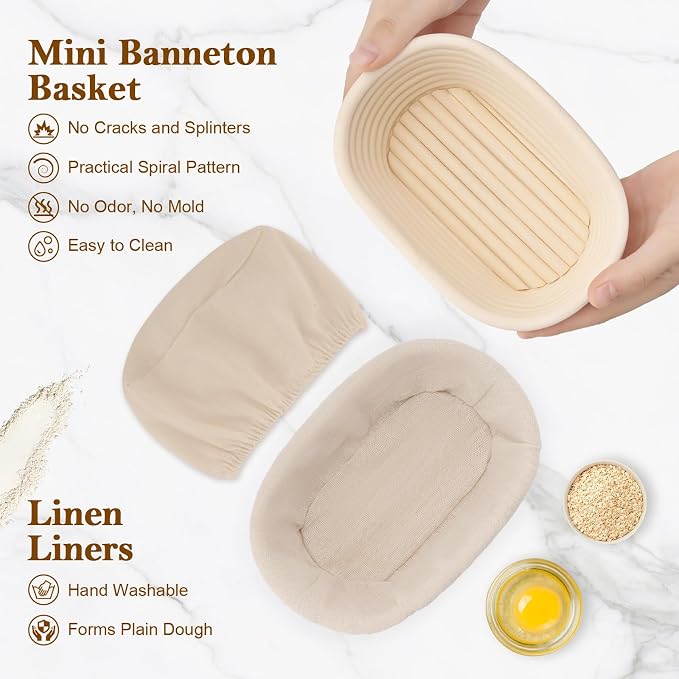 6.5 Inch Banneton Bread Proofing Basket Oval Mini Banneton Basket Set of 6, Small Sourdough Proofing Basket with Liner Rattan Sourdough Baking Supplies for Home Bread Baking