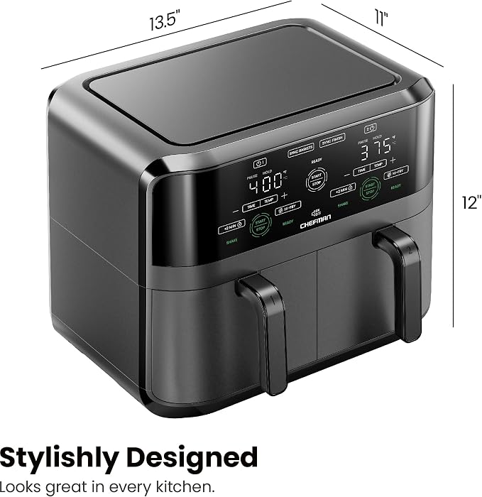 Chefman 6 Quart Dual Basket Air Fryer - Digital Touchscreen, Smart Sync Finish, Hi-Fry, Auto Shutoff, 2 Independent 3QT Nonstick Dishwasher-Safe Frying Baskets - Digital Double Air Fryer - Black