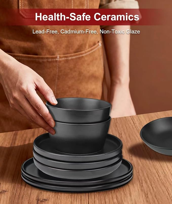 16 Pieces Ceramic Dinnerware set,Plates and Bowls Sets for 4,Black Dinnerware Set for Kitchen, Modern Design Plate Sets with Black Rim, Microwave and Dishwasher Safe