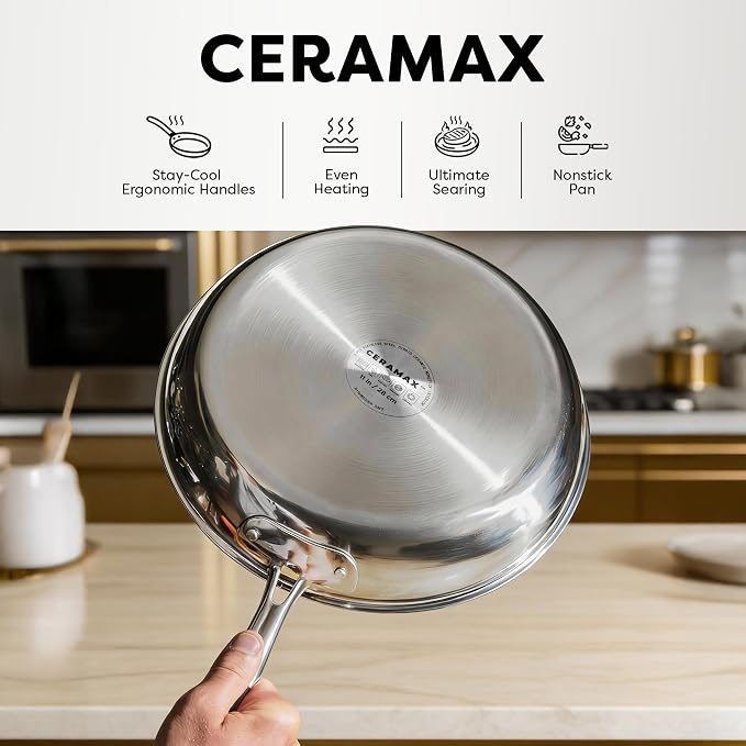 CERAMAX Gotham Steel Hybrid 3pc Stainless Steel Non Stick Frying Pans Set, 8 10 12 inch Ceramic Frying Pan Skillet Set, Induction Ready, Made without PFAS & PFOA, Oven and Dishwasher Safe - Copper