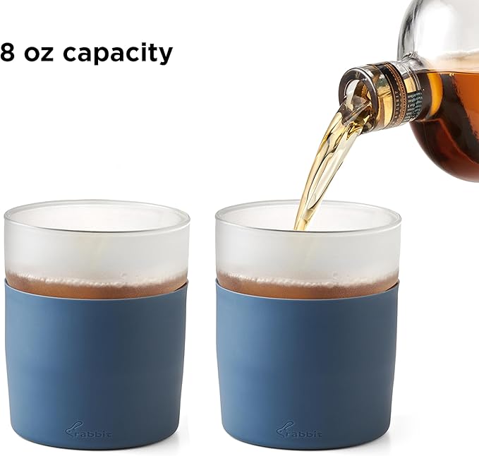 Rabbit Freezable Whiskey Glasses, Set of 2 Chilling Whiskey Glasses with Silicone Sleeve, 8oz No-Dilution Glasses for Whiskey, White Wine and Cocktails, Keep Drinks Cold for Hours, No Ice Needed