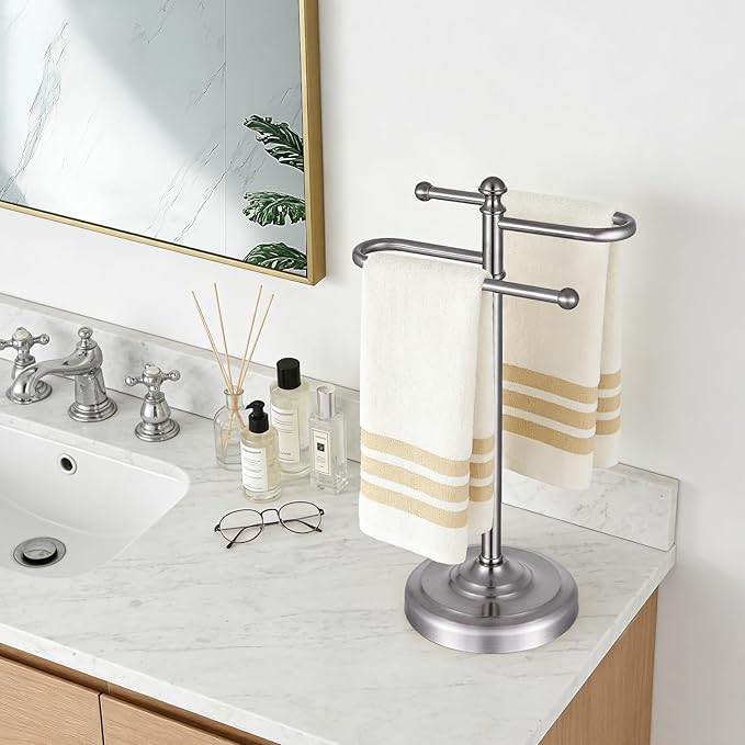 Hand Towel Stand,304 Stainless Steel Hand Towel Holder for Bathroom Kitchen Counter，14.5 Inch S-Shape Weighted Base Standing Hand Towel Rack Bar Holds 2 Towels (Brushed Nickel)