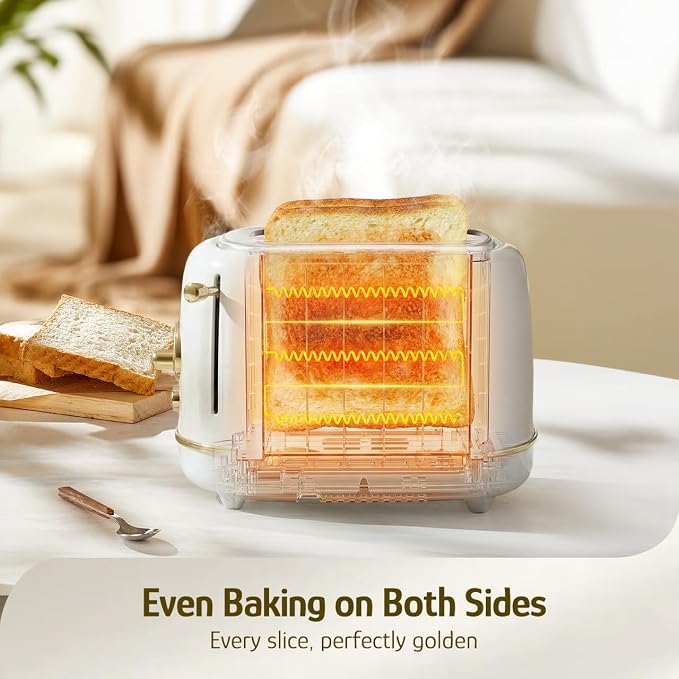 Hazel Quinn 2-Slice Retro Toaster, 6 Browning Levels, 3 Functions-Defrost/Reheat/Cancel, Removable Crumb Tray for Easy to Clean, 1.5 Inches Extra Wide Slots - Pearl White