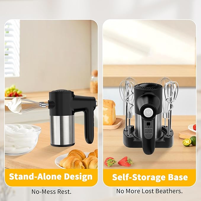 Cordless Electric Hand Mixer, 7 Speed Rechargeable Wireless Handheld Mixer with Eject Button, Long Battery, Quiet Anti-Splash, 6×304 Stainless Steel Attachments & Storage Base for Baking (Black)