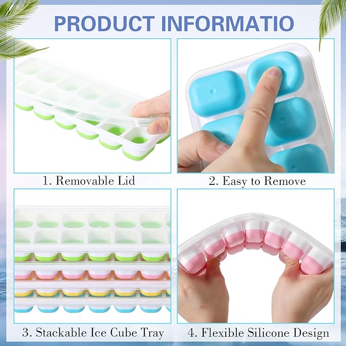 20 Pack 280 Pcs Ice Cube Trays for Freezer Silicone Ice Trays with Spill Resistant Removable Lid Easy Release Flexible Stackable 14 Iced Cube Maker Mold for Cocktail Coffee, Yellow Pink Blue Green
