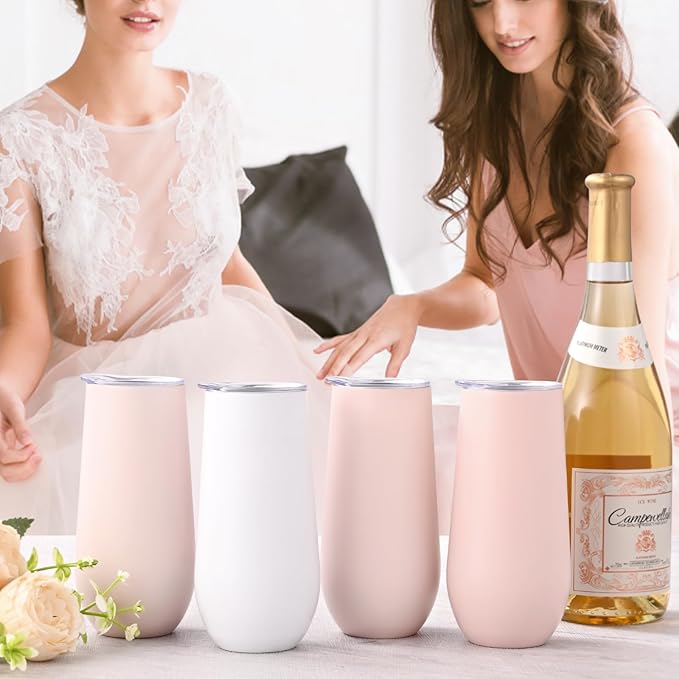 Lifecapido 6 Pack Insulated Stainless Steel Tumblers, 12oz Stemless Flutes, Insulated Champagne Glass for Wedding Party Bride Shower Gifts, 5 Pink 1 White