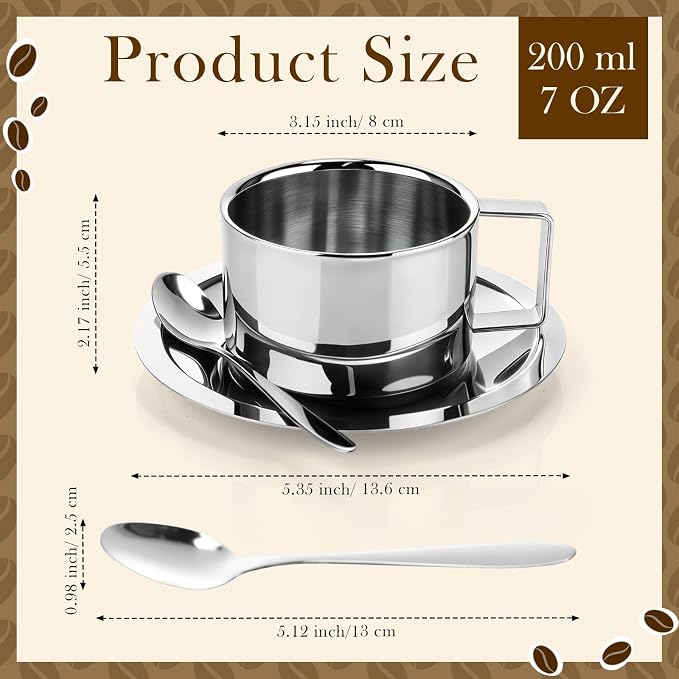 6 Pack Stainless Steel Coffee Cups Set, 7oz Insulated Espresso Cups with Spoon and Saucer, Double Walled Coffee Mugs for Latte, Tea, Milk, Cappuccino