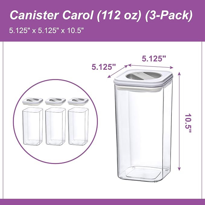 Amazing Abby - Carol - 112-Ounce Acrylic Canister (Set of 3), Plastic Airtight Food Container, Stackable for Pantry Storage, BPA-Free and Shatter-Proof, Perfect for Home and Commercial Use