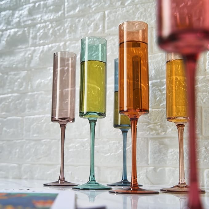 Khen Colored Champagne Flute Stemmed Glasses | Set of 6 | 6oz Art Deco Stemmed Martini Muted Vintage Glasses for Champagne, Cocktail, Margarita, Wedding Glass, Gift Idea, Muted Pastel Colors Unique