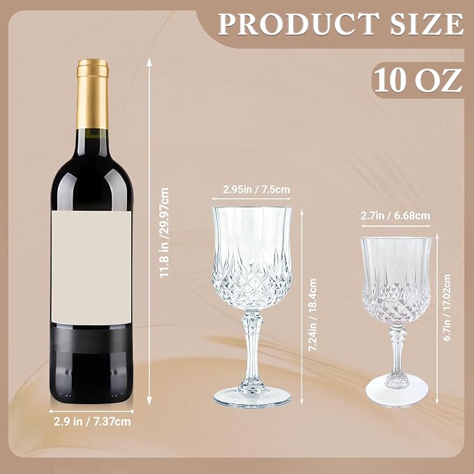 16 Pack Plastic Wine Glasses,10oz Unbreakable Vintage Style Goblets,Reusable Crystal Like Drinking Glass for Wedding Reception, Party Supplies (Clear)